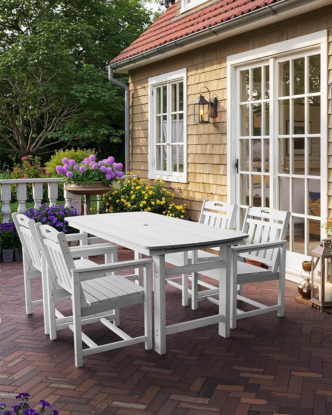 5-Piece Outdoor Dining Furniture Set with Chairs, All-Weather HDPE Patio Table and 4 Chairs, Umbrella Hole, for Garden Backyard or Deck - White