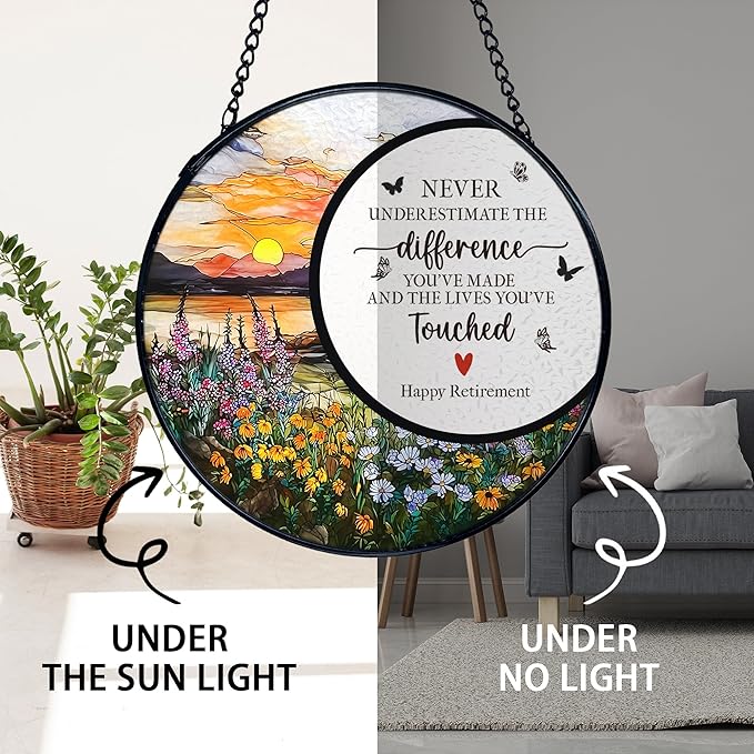 TNUW Retirement Gifts Flower Stained Glass Window Hanging, Difference Maker Gift Sun Catchers Indoor Window Glass Round Wall Art Decor, Retired Gifts for Woman Wall Hanging Decorations, 7.9＂x7.9＂