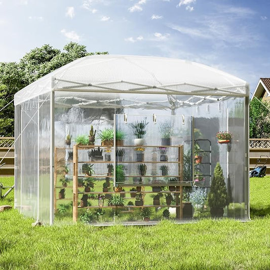 AMERLIFE 10×10×8.5 FT Pop-up Greenhouses for Outdoors Indoor with Adjustable Sturdy Frame, Portable Walk in Greenhouse with 2 Roll-up Zipper Doors, Windows and PE Cover, White