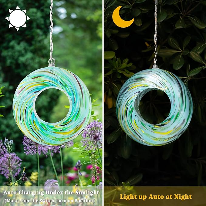 Yinns Glass Bird Feeders for Outside Hanging Fly Through Bird Feeder with Round Shape Solar Birdfeeder for Yard Garden Decor