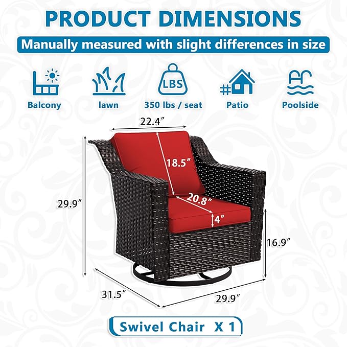 Vista Vibe Outdoor Patio Deep Seat Luxurious Chair - 360 Degree Swivel Glider Rocker Chair with Washable Cushions, Hand-Woven & All-Weather PE Rattan, Balcony, Yard (Brown/Red)