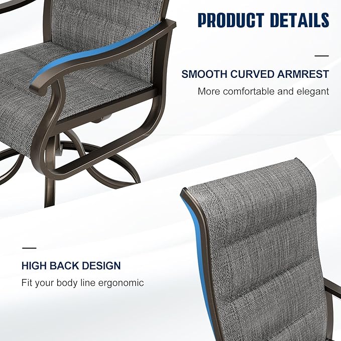 UDPATIO Patio Swivel Dining Chairs Set of 8, Outdoor Swivel Chairs High Back with All Weather Padded Textilene, Metal Rocking Frame for Lawn Garden Backyard, Dark Grey