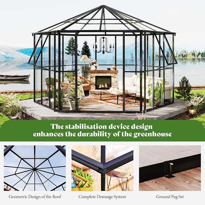AMERLIFE 12x10x8 FT Hexagonal Hybrid Polycarbonate Greenhouse for Outdoors, Quick-Connect Assembly, Aluminum Frame with Ventilation and Rain Gutter for Backyard Garden, Black