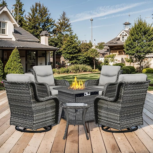 Patio Luxury Conversation Set - 6PCS Resin Wicker Swivel Chairs, 4 Chairs With Rattan Side Table and 30in Square Fire Table - Grey Wicker|Grey Cushions