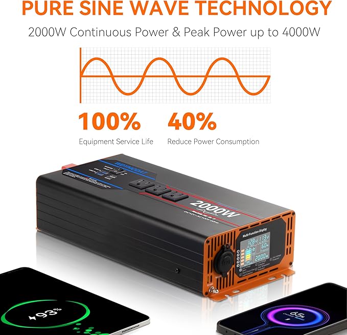 2000W Pure Sine Wave Inverter, Car Power Inverter 12V to 110V 120V, DC to AC Converter Generator with AC Outlets 3.0A USB Type-C, Remote Controller LCD Display Truck Inversor for Vehicles, RV