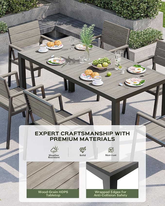 Outdoor Dining Set for 6, Patio Table and Chairs Set, Aluminum Patio Furniture Set with Umbrella Hole, HDPS Patio Dining Table Set for 6 (Gray)