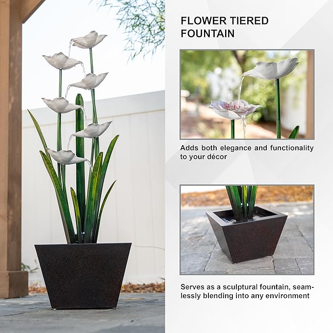 XBrand Metal Sculptural Multi-Tiered Flower Water Fountain, w/LED Lights, Multicolored, 39" Tall