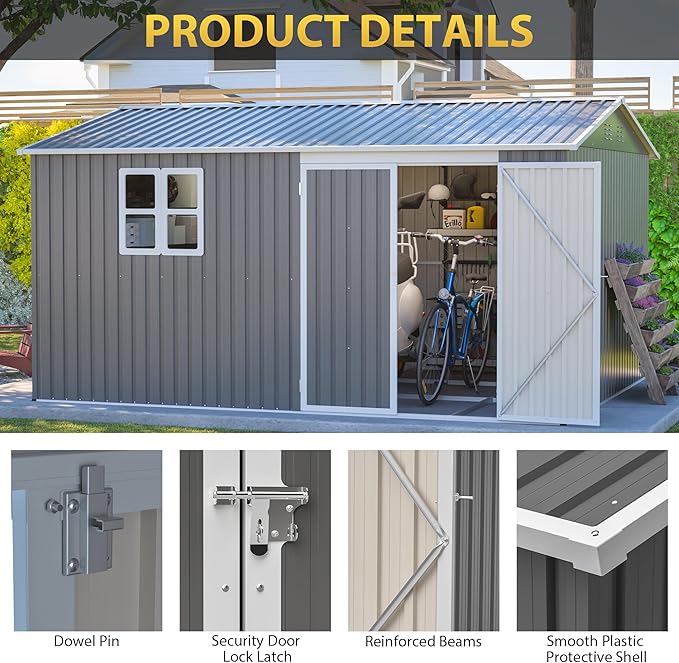 12x10 FT Outdoor Storage Shed Metal, Large Garden Tool Sheds Outdoor with Lockable Doors, Waterproof Steel Utility Storage Building, Heavy Duty Equipment Shed for Backyard Patio Lawn Garden, Grey