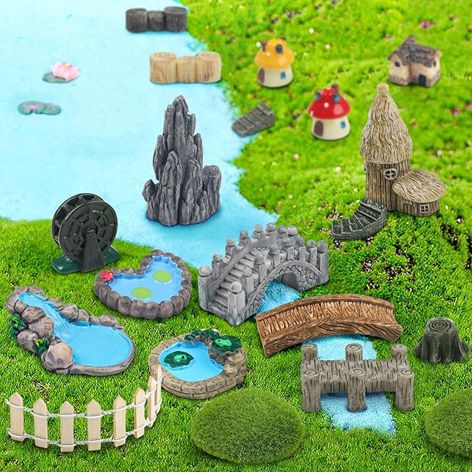 21 Pcs Fairy Garden Miniatures Accessories Bridge House Landscape Water Well Fence Figurines Pond Mushroom Lawn Garden Ornament for DIY Craft Succulent Decor