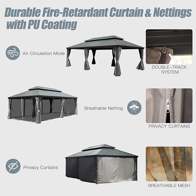 Domi 14' X 22' Hardtop Gazebo Outdoor Metal Gazebo Canopy with Galvanized Steel Double Roof, Aluminum Frame, Curtains and Netting for Patio, Deck, Garden, Grey