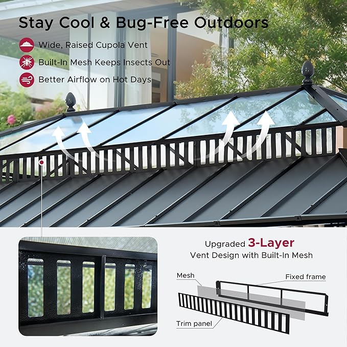 SUNJOY Kingston 20' x 12' Hardtop Gazebo with Galvanized Steel/Polycarbonate Double Roof, Curtain and Netting, Woodgrain Finish Aluminum Posts Permanent Pavilion Gazebo for Garden, Patio, Deck, Lawn