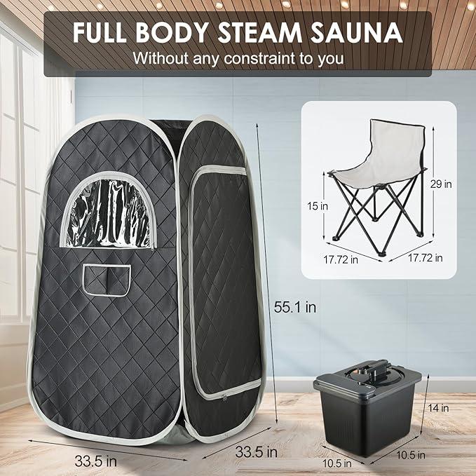 Portable Steam Sauna, Personal Home Sauna with 4L & 1400W Steamer Generator, Remote Control, Portable Chair & Floor Mat, Full Body Thicken Sauna Tent for Relaxation & Detox, 18 Levels, Black