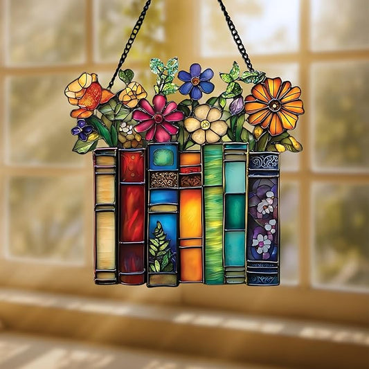 Flower and Books Bookish Acrylic Suncatcher Stained Glass Effect Window Car Hanging Christmas Ornament Indoor Outdoor Decor Garden Bookworm Sun Catcher Book Lover for Women Mom Grandma