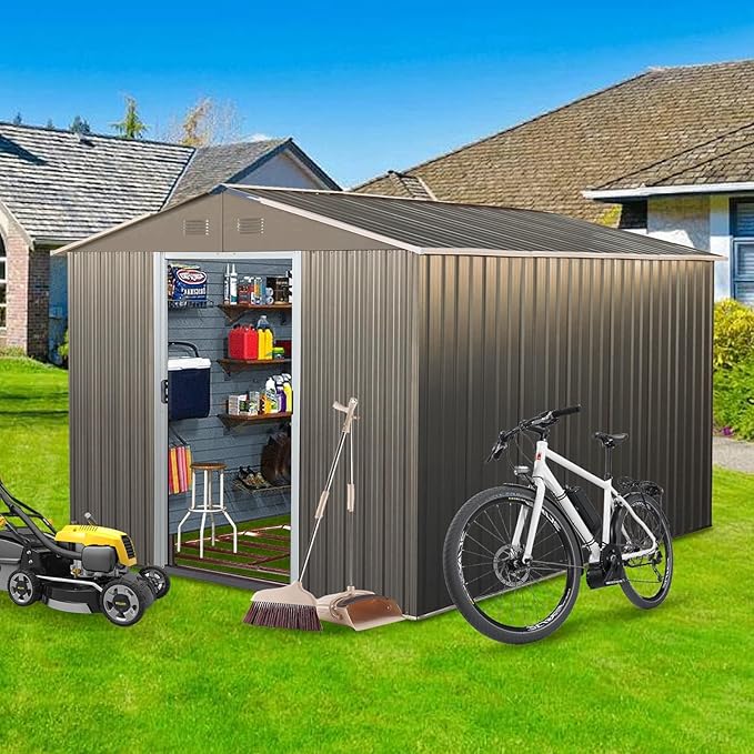 10 x 8 FT Outdoor Storage Shed, Metal Garden Shed with Floor Frame, Large Tool Shed Outdoor Storage with Lockable Sliding Doors & Air Vents, Storage House Waterproof for Backyard, Lawn, Gray