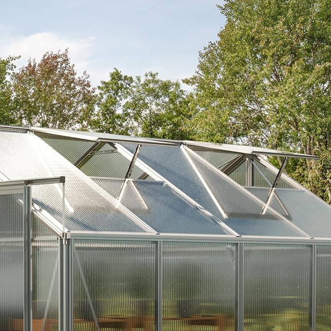 Greenhouse Saphir 5 Aluminum Frame 8.5 x 10.6 ft Approx. 6 mm Polycarbonate Panels - with Bonus Base Frame and Automatic Vent Opener