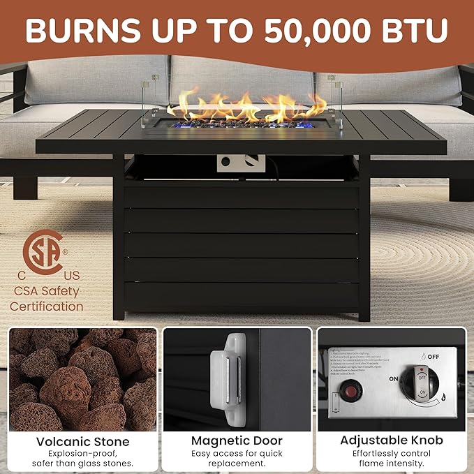 Solaste Aluminum Patio Furniture Set with Fire Pit Table, 5 Piece Metal Outdoor Furniture with Water-Resistant Cushions, Modern Patio Conversation Set for Balcony, Front Porch, and Backyard, Black