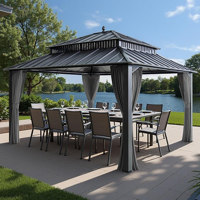 SUNJOY Kingston 14' x 12' Hardtop Gazebo with Galvanized Steel Double Roof, Curtain and Netting, Gray Aluminum Posts Permanent Pavilion Gazebo for Garden, Patio, Deck, Lawn