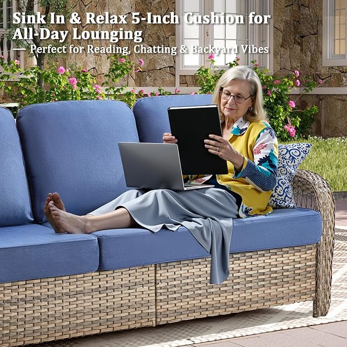Patio Furniture Set, All Weather 3 Pieces Wicker Outdoor Small Sectional Set, 5" Thick Rattan Conversation Set with 3-seat Sofa and Ottoman for Lawn, Garden, Blue/Gray Wicker
