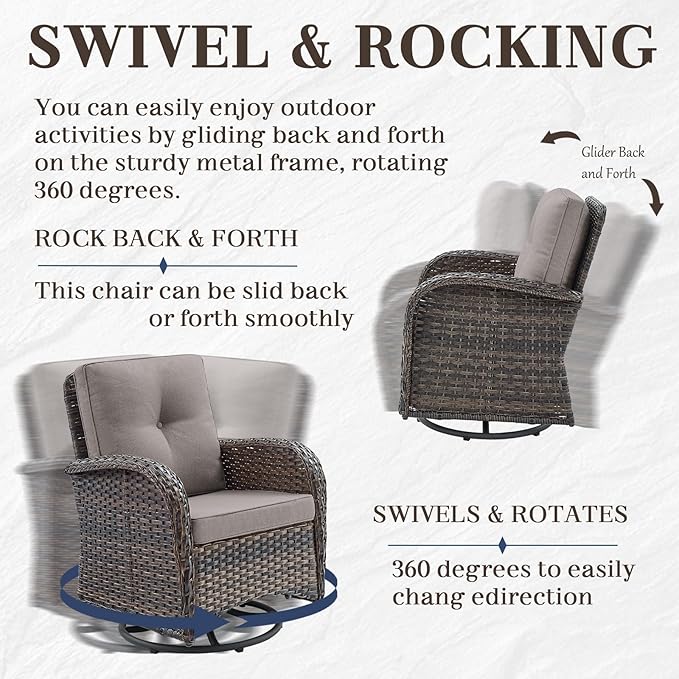 HUMMUH 5-Piece Patio Furniture Set with Fire Pit,Wicker Patio Glider Loveseat Outdoor Swivel Rocker Chairs for Backyard,Poolside,Deck