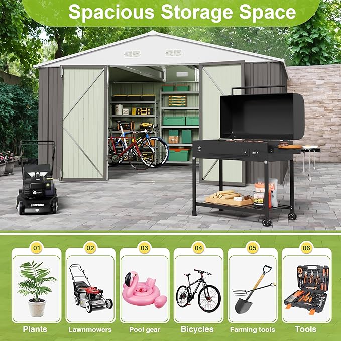JUMMICO 8 x 10 FT Outdoor Storage Shed, Large Metal Garden Shed & Tool Sheds for Backyard Garden Patio Lawn (Grey)