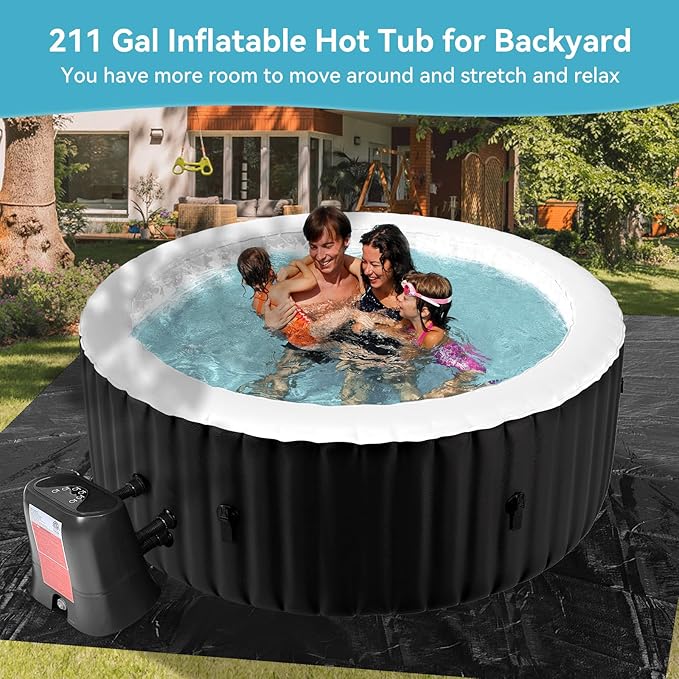 Round Inflatable Hot Tub, 2-4 Person Portable Blow up Hot Tub, Leak-Proof PVC Outdoor Spa with 120 Air Jets, Insulated Cover & Heater Pump, 71” X 71” X 25”