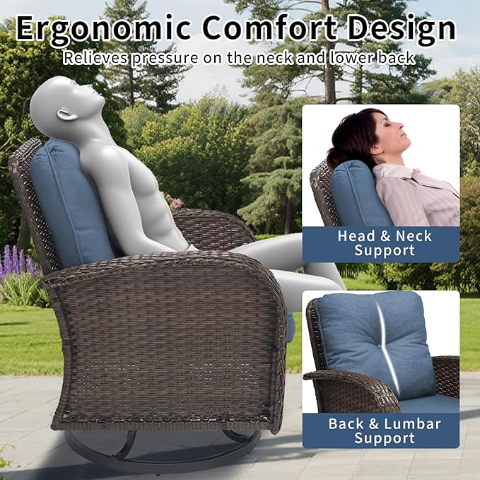 3 Pieces Patio Furniture Set, Outdoor Swivel Rocking Chair Set of 2 with Side Table - 360° Swivel, Thick Cushions, All-Weather Bistro Set for Deck, Porch, Pool(Navy, Brown Full-Weave Rattan)