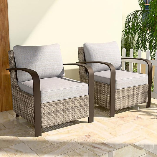 COOS BAY Aurora Terrace Outdoor Chairs with Cushions, Wicker Dining Set with Deep 4-Inch Seating, Modern Curved Armrest Porch Chairs, Set of 2, Beige/Beige