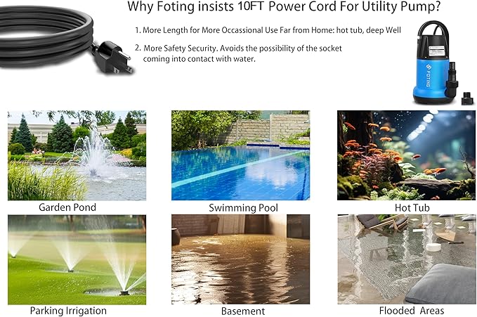 FOTING Sump Pump Automatic 3/4HP Clean/Dirty Submersible Water Pump, 3500GPH Utility Pump Thermoplastic Electric Portable Transfer Water Pump for Swimming Pool Garden Pond Basement with 16ft Long Cord