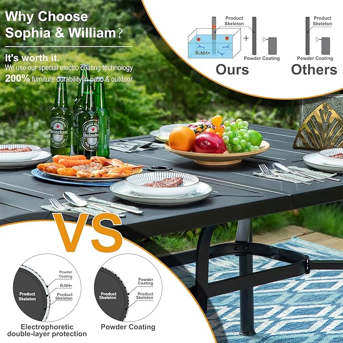 Sophia & William 7 Pieces Metal Patio Dining Set, Rectangle Outdoor Table of 1.77" Umbrella Hole and 6 Armchairs with Seat Cushions, Outdoor Conversation Furniture for Porch Backyard Balcony Deck