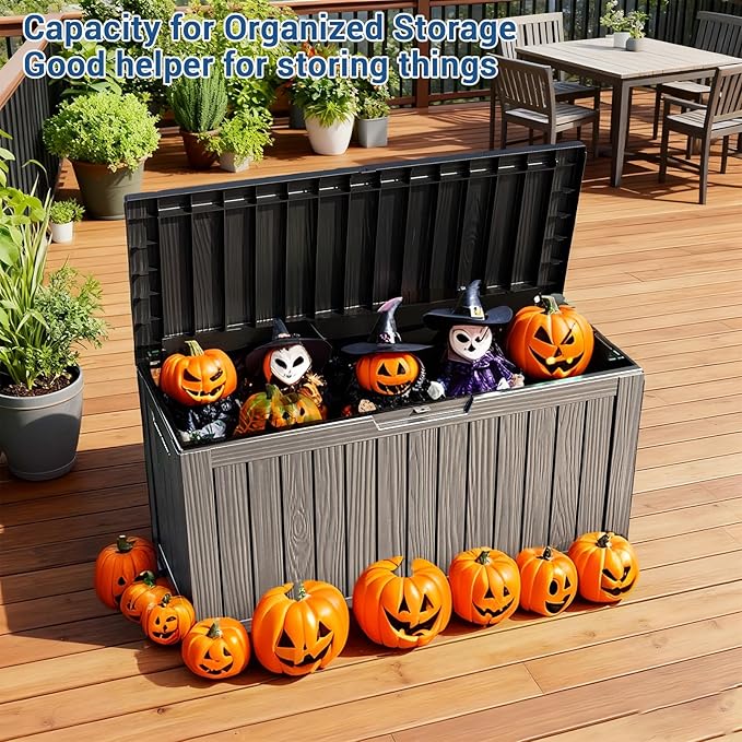Deck Box Outdoor with 75 Gallon, Rollers for Mobility, Handles Waterproof Storage Box with Lockable for Store Garden Tools Backyard, Multi-Functional Seat & Table, Light Brown