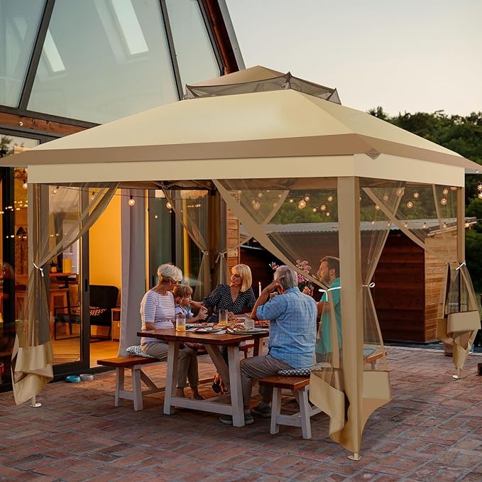 COBIZI Pop Up Gazebo 11x11 One-Push Canopy Tent, Carpas Para Patio, Outdoor Canopy Shelter with Double Roof Ventiation 121 Square Feet of Shade for Lawn, Garden, Backyard and Deck, Khaki(Upgraded 2.0)