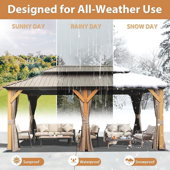 Domi Hardtop Gazebo 12’x20’ Cedar Frame Wood Gazebo with Galvanized Steel Double Roof, Outdoor Permanent Metal Gazebos with Curtains and Netting for Patio,Deck,Backyard