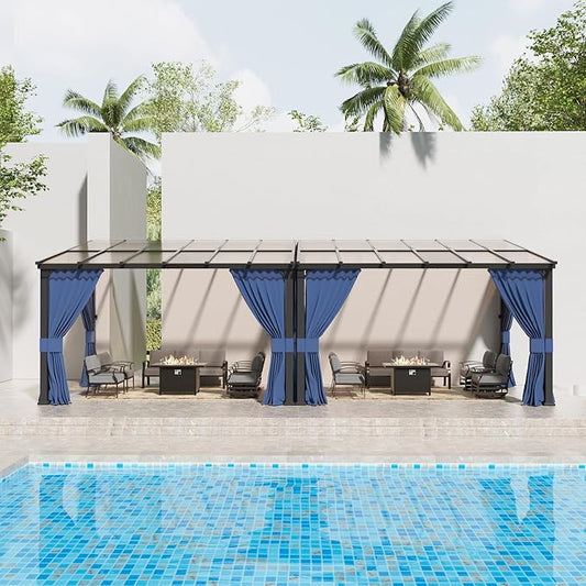 Kullavik 10' × 24' Hardtop Gazebo for Patio,Wall-Mounted Lean to Gazebo Pergola with Sloping Roof and Durable Aluminum Frame,Large Heavy Duty Awnings for Decks,Backyard,NavyBlue