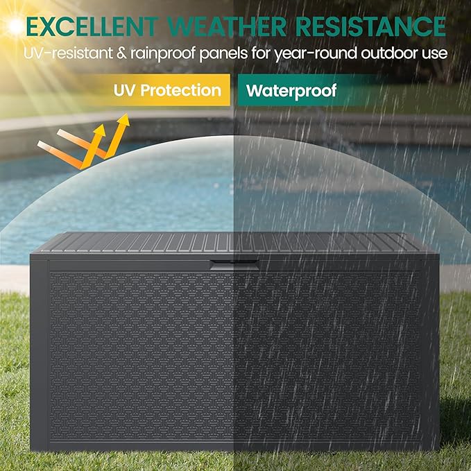 90 Gallon Outdoor Deck Box, Waterproof Outdoor Deck Box, Durable Resin Bin for Patio Cushions, Garden Tools and Pool Accessories, Lockable with UV Protection, Dark Gray, Patio Furniture