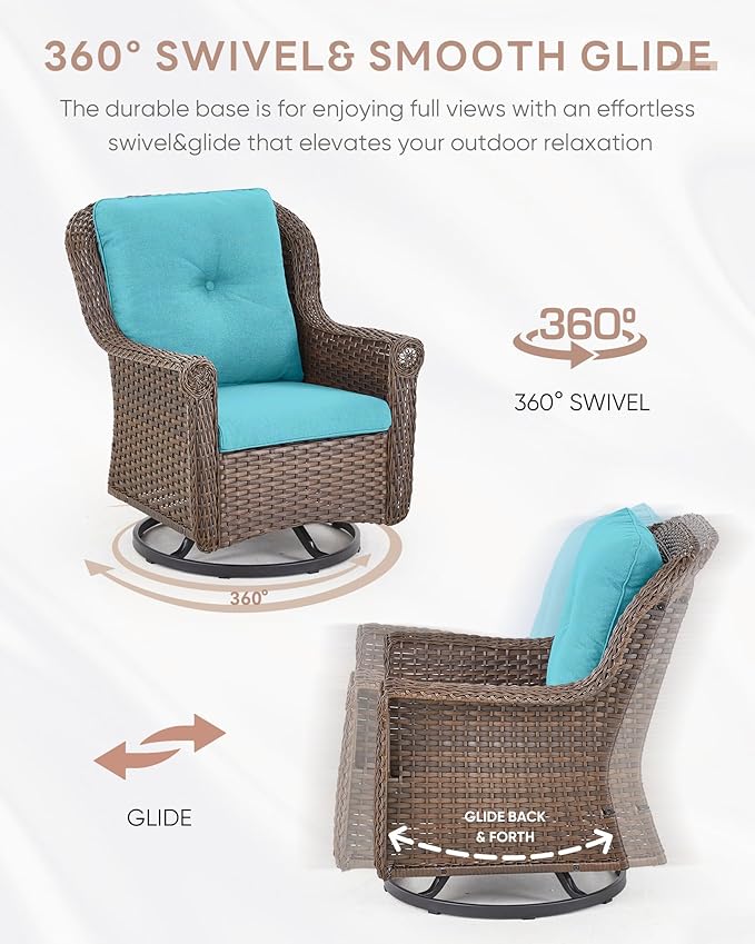 Outdoor Patio Swivel Gliders with Fire Pit Table 5 Piece Set - High Back Brown Wicker Rattan Rocking Chair with Thick Cushion for Porch Apartment Deck Yard Poolside Garden - Turqoise