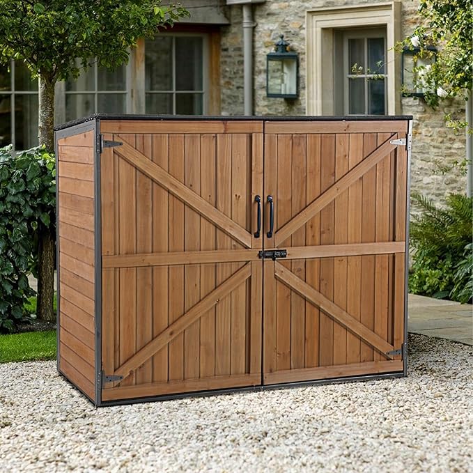 GUTINNEEN Outdoor Storage Shed,Wood & Metal Vertical Cabinet with Waterproof Roof,Small Shed for Garden,Garbage Can,Bike,Tool