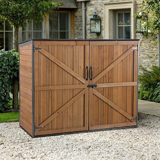 GUTINNEEN Outdoor Storage Shed,Wood & Metal Vertical Cabinet with Waterproof Roof,Small Shed for Garden,Garbage Can,Bike,Tool