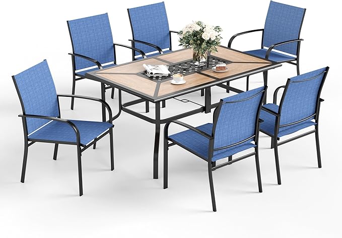 7 Pcs Patio Dining Set for 6, Metal Rectangular Dining Table (PVC Table Top) with Umbrella Hole and 6 Chairs, Outdoor Dining Set for Lawn Garden Deck, Blue