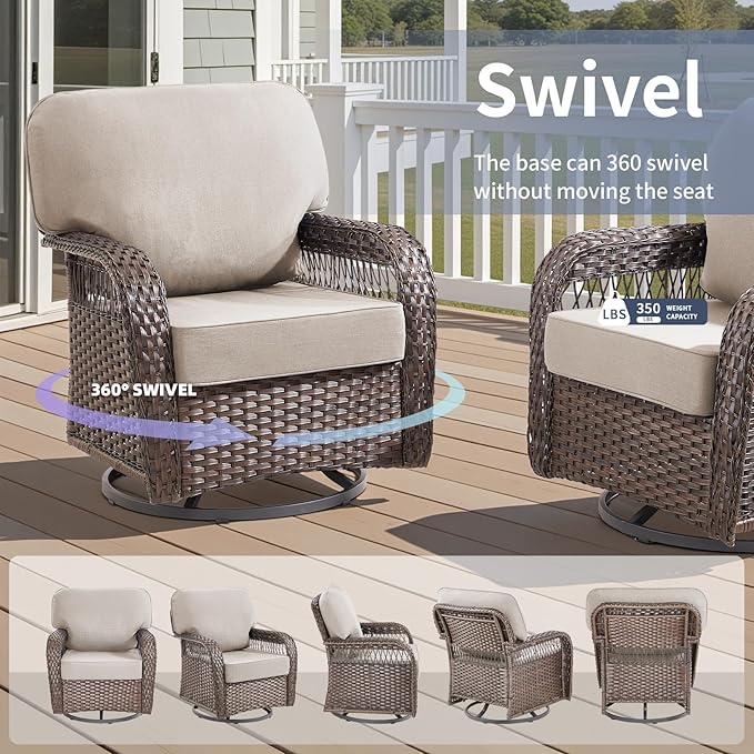 6 Pieces Patio Furniture Set Outdoor Sectional Sofa Couch with Rocking Swivel Chairs 5" Deep Seat Chairs, 2 Sofa Sets Modern Wicker Rattan Conversation Set, Beige/Brown Wicker