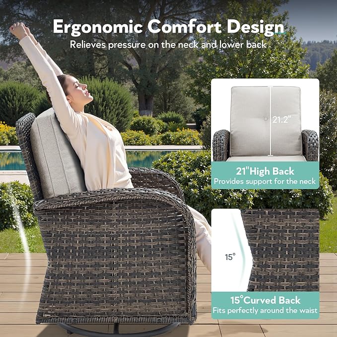 5 Piece Patio Furniture Set - Wicker Patio Conversation Set with Swivel Glider, 3 Seat Sofa, Tempered Glass Side Table and Coffee Table for Deck Backyard - Brown Wicker Beige Cushion