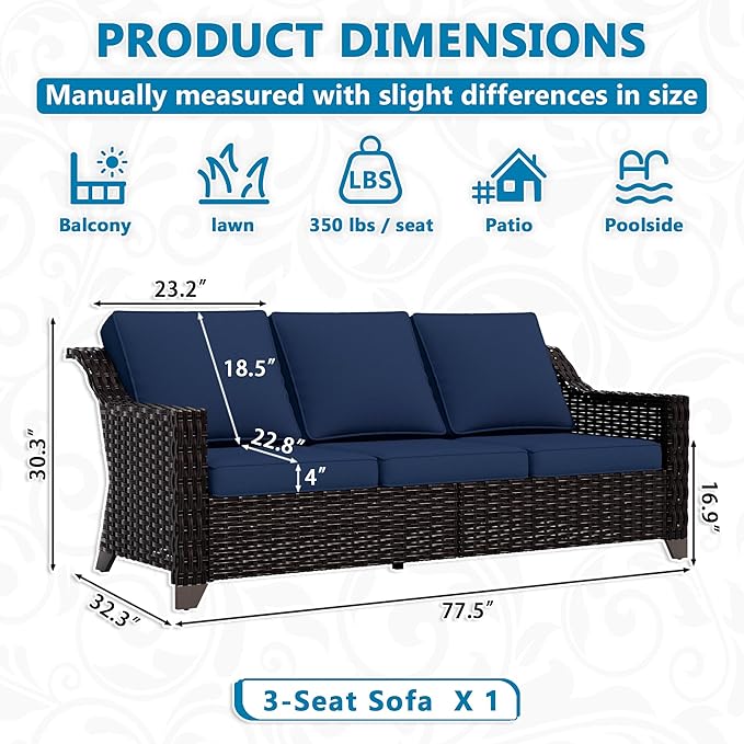 Vista Vibe 78" Patio Wicker 3-seat Sofa, Deep Seat & Upholstered Loveseat, Outdoor All-Weather Rattan Couch with Removable Cushions, Steel Frame Couch for Garden, Poolside (Brown/Navy)