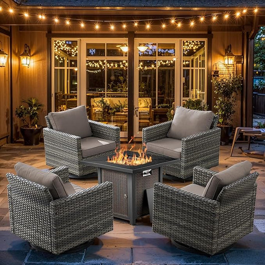 Wicker Outdoor Swivel Chairs Set of 4 with Fire Pit Table, 5 Pieces Patio Furniture Set with Fire Pit Table for Yard, Deck, Garden, Grey/Grey