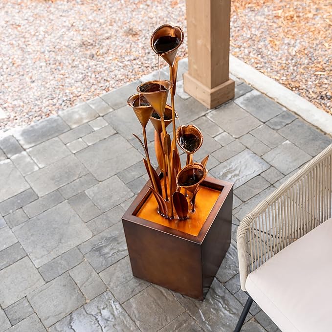 XBrand Metal Sculptural Multi-Tiered Flower Water Fountain, No LED Lights, Bronze, 46" Tall