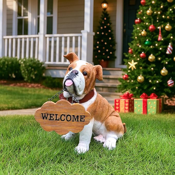 English Bulldog Outdoor Dog Statue with Flip-Over “Welcome/ON Patrol” Plaque and Solar Path Lantern, Brown & White Sitting Puppy for Porch & Lawn