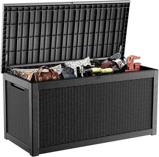 320 Gallon Outdoor Storage Box, Large Outdoor Deck Box,Waterproof & UV Resistant Resin Storage Box Lockable for Patio Cushions, Gardening Tools, Pool Accessories(Black)
