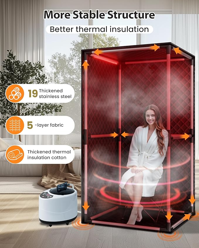 Infrared Sauna, Portable Steam Sauna Box with XL Steamer and Folding Chair, 5-Layer Waterproof and Thermal Insulation, for Home Spa, Detoxification, Relief Muscle Pain, Indoor & Outdoor(Dark Black)