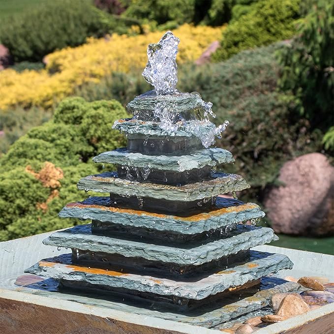 Sunnydaze 40-Inch Slate Outdoor Water Fountain - Layered Pyramid Outdoor Water Feature with LED Lights for Patio, Deck, Garden