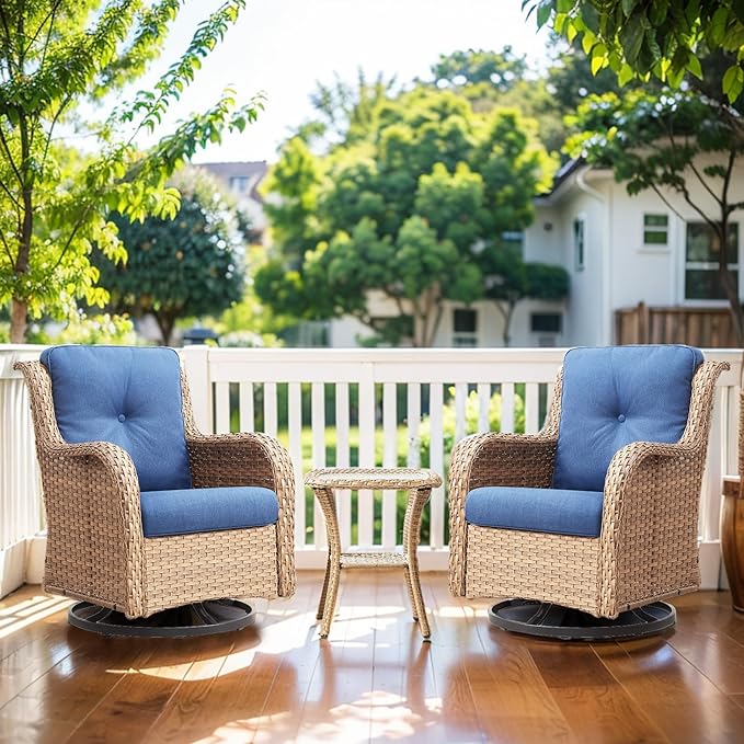 Luxury Wicker Swivel Patio Chairs Set of 3, Outdoor Swivel Rocking Chairs with Side Table, Outdoor Bistro Set for Patio, Porch, Yard, Deck, Poolside, Yellow/Blue