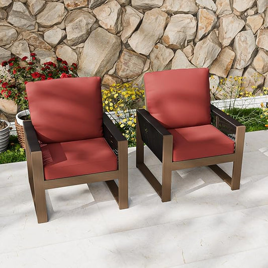 COOS BAY Natural Cedar Wood Patio Chair with Cushions, Durable Outdoor Furniture, Patio Dining Armchair for Deck, Porch, or Garden, 2 Pieces, Brownish/Red