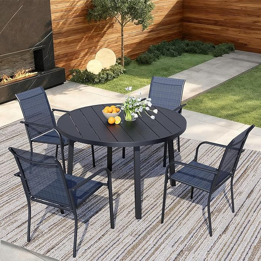 5 Pieces Round Dining Table Set for 4, Patio Dining Set Includes 4 Dark Blue Stackable Patio Chairs and 1 Black Round Table, Patio Furniture Setss with Sling Support for Outside, Garden